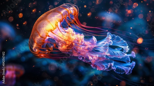 A glowing jellyfish swims through a field of colorful lights. Its bell is orange and its tentacles are blue and pink.