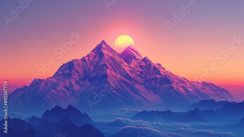 A majestic snow-capped mountain peak at sunrise, bathed in warm, pink and purple hues.