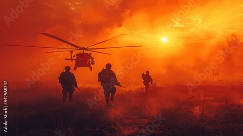 A dramatic war scene, soldiers in combat beneath a sunset skyline, rescued by helicopter amid fog