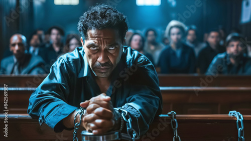 In the courtroom, a man in chains is intensely observed by a diverse group of spectators, creating a serious atmosphere filled with tension and drama