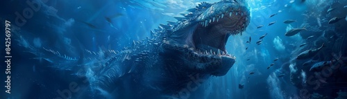 A menacing dinosaur emerges from the deep, its jaws agape in a primal roar.