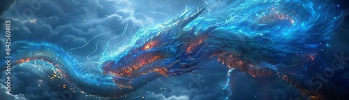 Abstract blue and orange dragon emerging from the clouds.