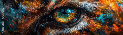 Abstract painting of an eye with vibrant colors and textures.