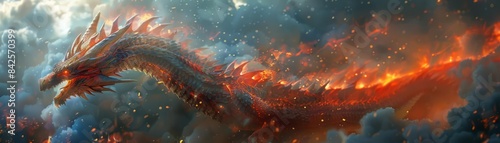 Fiery dragon soaring through a swirling sky.