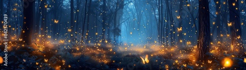 Mystical forest path glowing with ethereal lights.