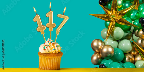 Birthday candle number 117 - Cupcake with decoration on a green background