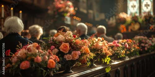 At a funeral ceremony in the church, guests honor the deceased with a beautiful floral arrangement.