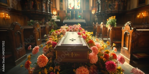 In a church, a funeral ceremony honors the deceased with flowers, candles, and prayers.