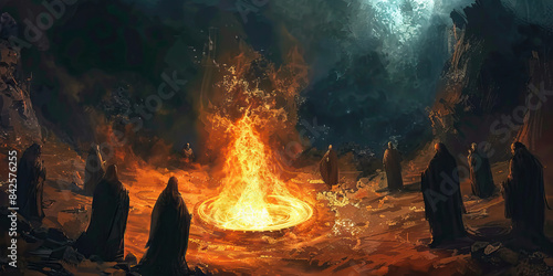 Cult of the Abyss: Demonic Cultists Gathered Around a Fiery Pit - Cultists dressed in black robes, standing around a blazing pit, chanting incantations to summon a demon from the depths