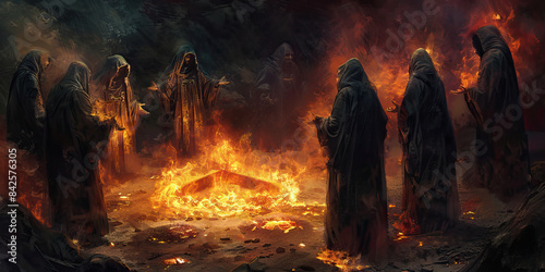 Cult of the Abyss: Demonic Cultists Gathered Around a Fiery Pit - Cultists dressed in black robes, standing around a blazing pit, chanting incantations to summon a demon from the depths