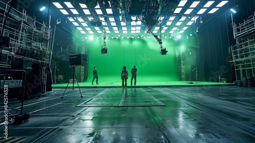 A large movie sound stage with a massive green screen, two actors hang from the ceiling on wires surrounded by crew and equipment. Generative AI.