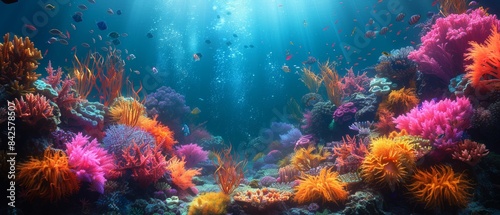 Vibrant Coral Reef: An underwater landscape of a colorful coral reef, teeming with diverse marine life. 