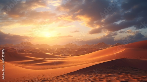 A dramatic panorama of a vast desert landscape with towering sand dunes, a winding river oasis, and a vibrant sunset in the distance.