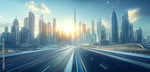 A futuristic cityscape with skyscrapers and modern road, representing the company's dynamic growth in technology. The sky is clear blue with sunlight casting long shadows on buildings. Generative AI.