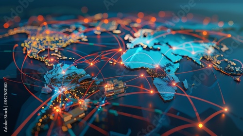 A global supply chain map, visualizing the complex network of transportation routes and distribution centers.