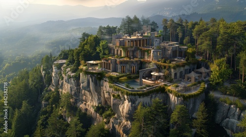 A modern sustainable bunker village in the style of a traditional castle and moat design, setting, forest, modern castle house on top of mountain. Generative AI.