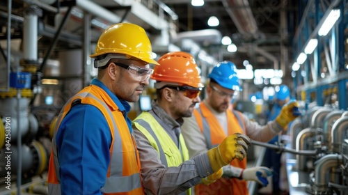 Workers in Safety workers wearing personal protective equipment (PPE) such as hard hats, safety glasses, and reflective vests, performing tasks within the factory