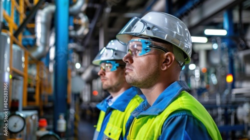 Workers in Safety workers wearing personal protective equipment (PPE) such as hard hats, safety glasses, and reflective vests, performing tasks within the factory