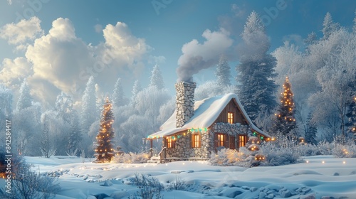 A cozy cottage in a snowy landscape, smoke rising from the chimney, surrounded by pine trees and twinkling lights 