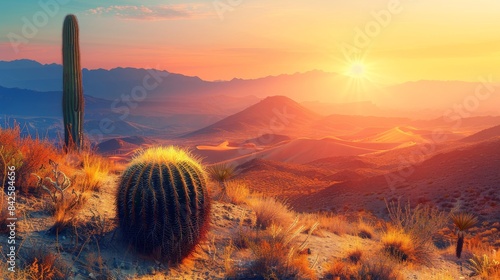 A serene desert landscape at sunrise, with rolling sand dunes, a clear sky, and a solitary cactus 