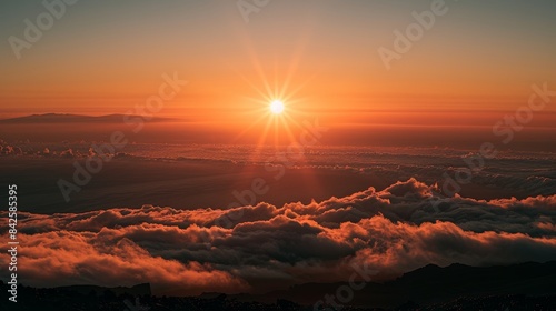 Sunrise over the clouds, from above mount etna in crater, view on endless sea and horizon, orange light, shot with Sony A7R IV camera, natural lighting, in the style of Sony A7R IV camera