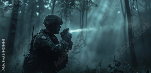 A soldier holding a flashlight, searching through sparse woods, the wide beam illuminates the immediate area while a long-range beam penetrates the distance. Generative AI.