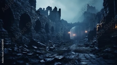 A dark, mossy path leads through a desolate, abandoned city. The buildings are crumbling and the sky is overcast, creating a sense of foreboding and isolation