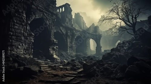 A dark, mossy path leads through a desolate, abandoned city. The buildings are crumbling and the sky is overcast, creating a sense of foreboding and isolation