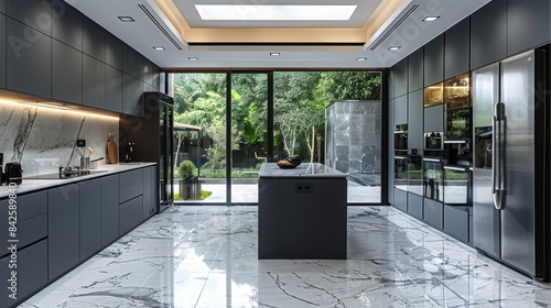 A large open space modern kitchen with matte black cabinets and drawers, marble countertops, sliding windows. Generative AI.
