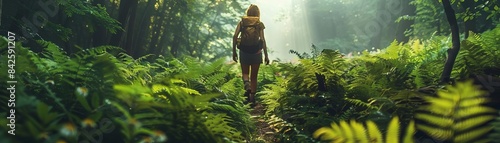 Hiker trekking through a lush, emeraldgreen forest, with the path winding through ferns and wildflowers, bathed in the soft light of dawn, evoking a sense of peace and discovery