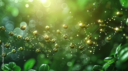 A beautiful pentagon molecule filled with dots, placed against a soothing bright green solid background. Generative AI.