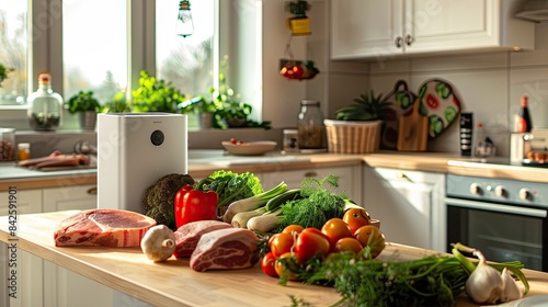 Modern kitchen with air purifier and an array of fresh vegetables and meat on the counter