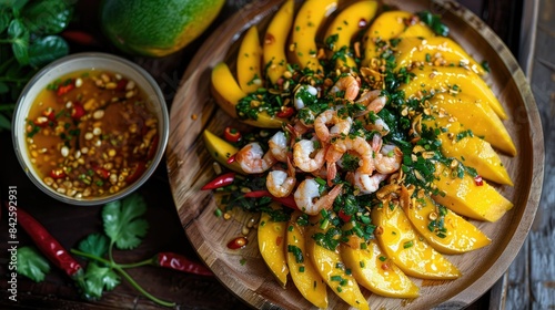 Sliced raw mango arranged on a wooden plate, with a small bowl of sugar sauce, dried shrimp, shallots, and chili