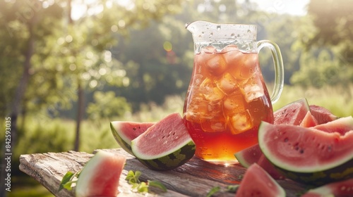 Summer Refreshment with Iced Tea and Watermelon Slices. Watermelon Sweet Tea