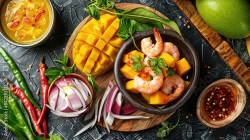 Thin pieces of peeled raw mango on a wooden dish, accompanied by a bowl of sugar sauce with shrimp, shallots, and chili