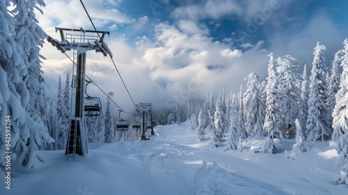 Ski lift on a snowy mountain with pine trees.