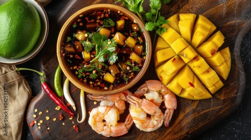 Thinly sliced raw mango on a wooden platter, accompanied by a bowl of dark-brown sugar sauce with shrimp, shallots, and chili