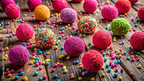 Colorful Candy Balls On A Wooden Table. The Balls Are Covered In Sprinkles And There Are Also Sprinkles Scattered On The Table.