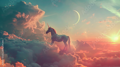 Magic unicorn in fantastic sky with fluffy clouds 