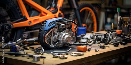 Table displaying mountain bike parts in repair shop or garage. Concept Bike Accessories, Repair Shop Display, Garage Organization, Mountain Bike Maintenance, Cycling Enthusiast