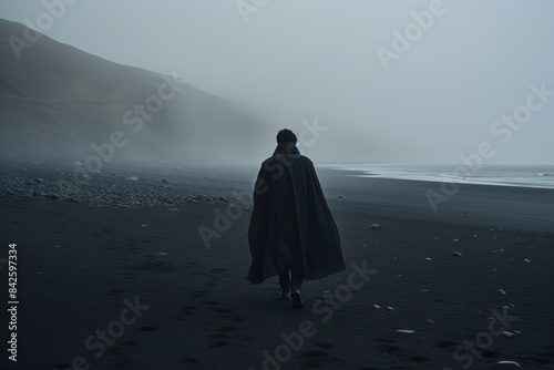 Matte Painting of Sad Man in Cape Walking on Icelandic Beach