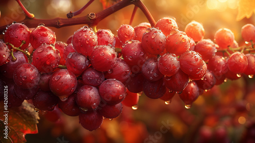 Cluster of ripe red grapes covered in dew drops in vineyard. Close-up of juicy grape bunches bathed in warm golden sunlight at sunset. Concept of wine, harvest and autumn.