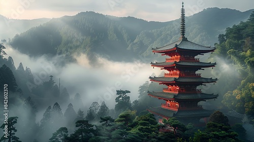 A tranquil ancient Japanese temple in the misty mountains