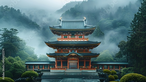 A tranquil ancient Japanese temple in the misty mountains