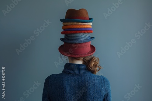 a woman in warm winter coat, view from back, is wearing many hats