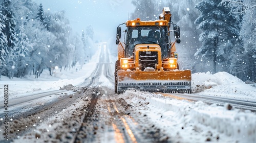 A large snow plow truck clears snow off a rural road amid a snowy forest landscape during heavy snowfall