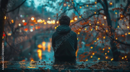 A person's back faces the camera as they sit before an illuminated cityscape enveloped in evening hues