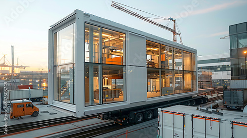 The modular house is transported by trailer. Modern approaches to designing and building housing