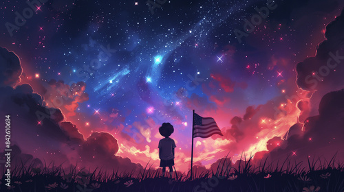 boy with American national flag looking at starry night sky, dreamy whimsical atmosphere with copy space, 4th of July concept