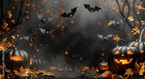 Spooky Halloween Bats Flying Over Jack OLanterns In A Dark Forest